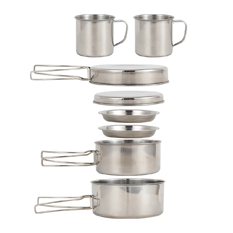 Mess Kit Titanium - 8個/セット キャンプ調理器具セット ステンレス製調理鍋とフライパンセット プレートとカップ付き アウトドアハイキングバックパッキング用