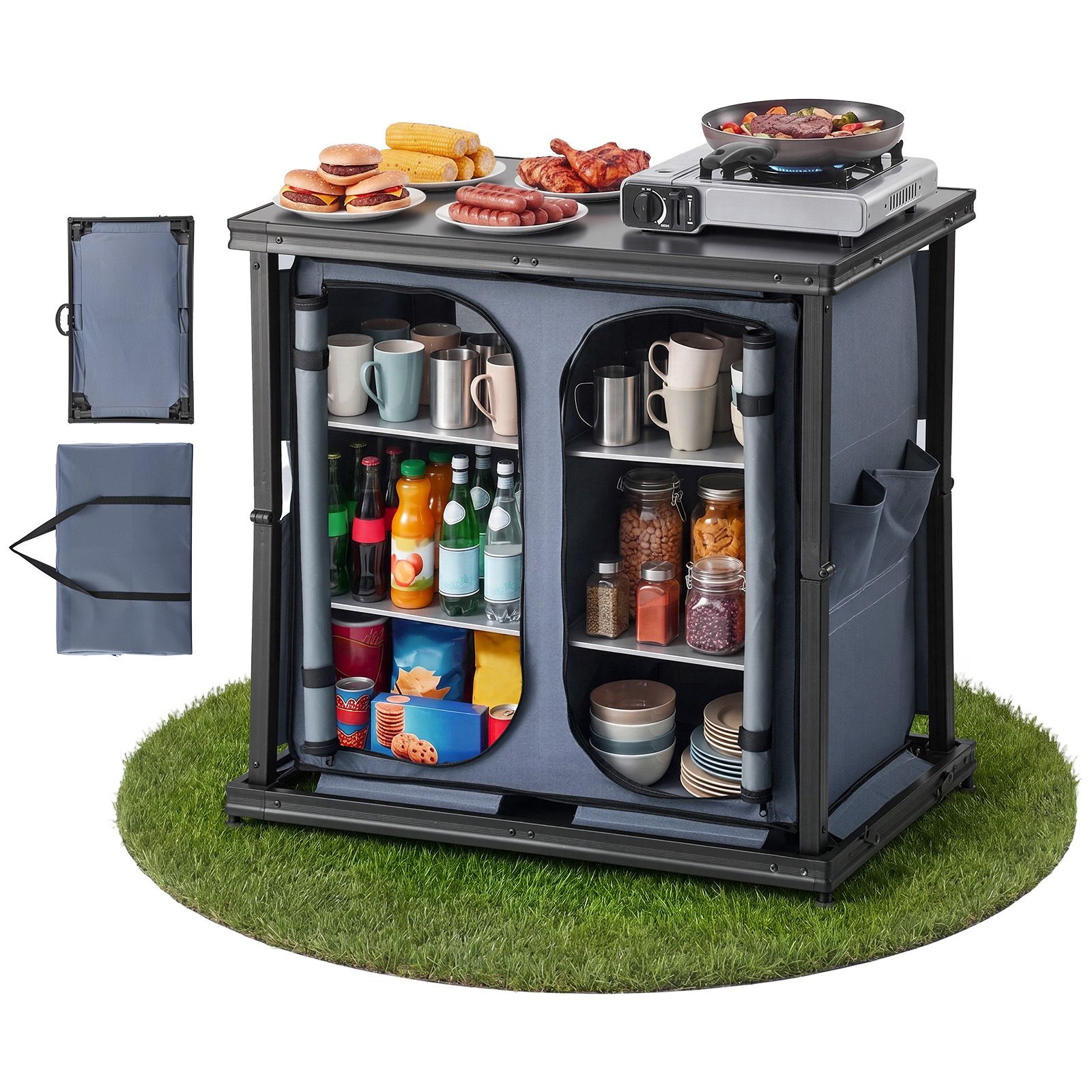 Camping Cooking Set Compact - 折りたたみ式キャンプ用収納キャビネット、屋外用ポータブルアルミ軽量テーブル、クイックセットアップコンパクトキッチン調理台、6段棚とキャリーバッグ付き、ピクニック、バーベキュー、キャンプ、RV旅行に最適