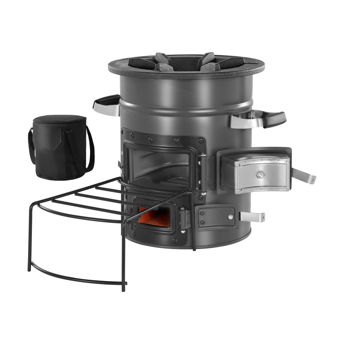 Camping Double Cooking Stove - キャンプ用ロケットストーブ、携帯用薪ストーブ（キャリーバッグ付き）、SPCCスチール製、ダブルドア、小枝、木くず、木炭を燃焼して屋外調理、裏庭、キャンプでの調理に使用可能