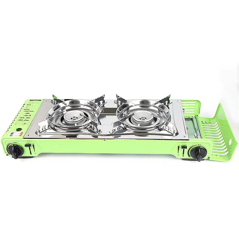 Camping Double Cooking Stove - 屋外用ポータブルキャンプテーブル ダブルバーナーキッチンコンロ ブタンガス調理ストーブオーブン 鉄製アルミ製電子式