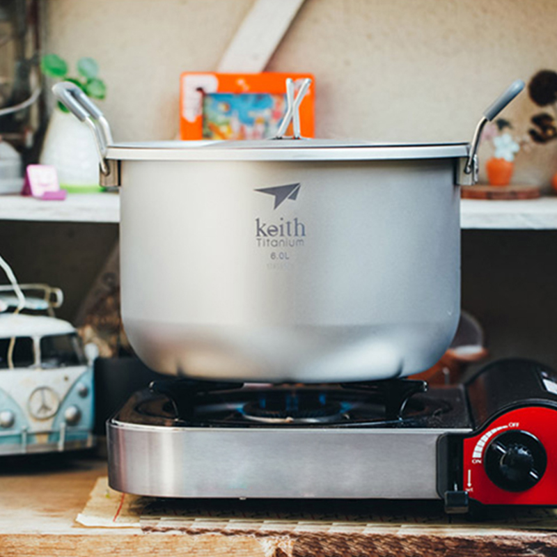 Mess Kit Titanium - キース-キャンプ用調理セット、チタン調理器具、鍋、6l、静菌性食器、屋外、ハイキング、旅行、ピクニック用チタン鍋