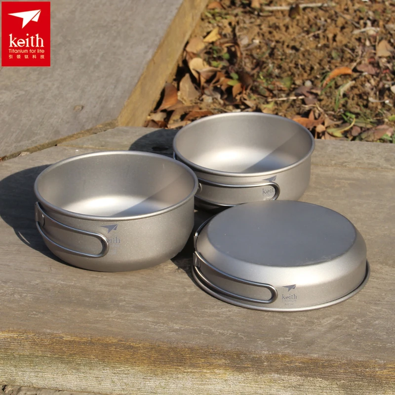 Camping Cooking Appliances - キース 3 個チタン調理器具パンボウルセット折りたたみハンドルクックセット屋外旅行狩猟キャンプ調理セット Ti6053