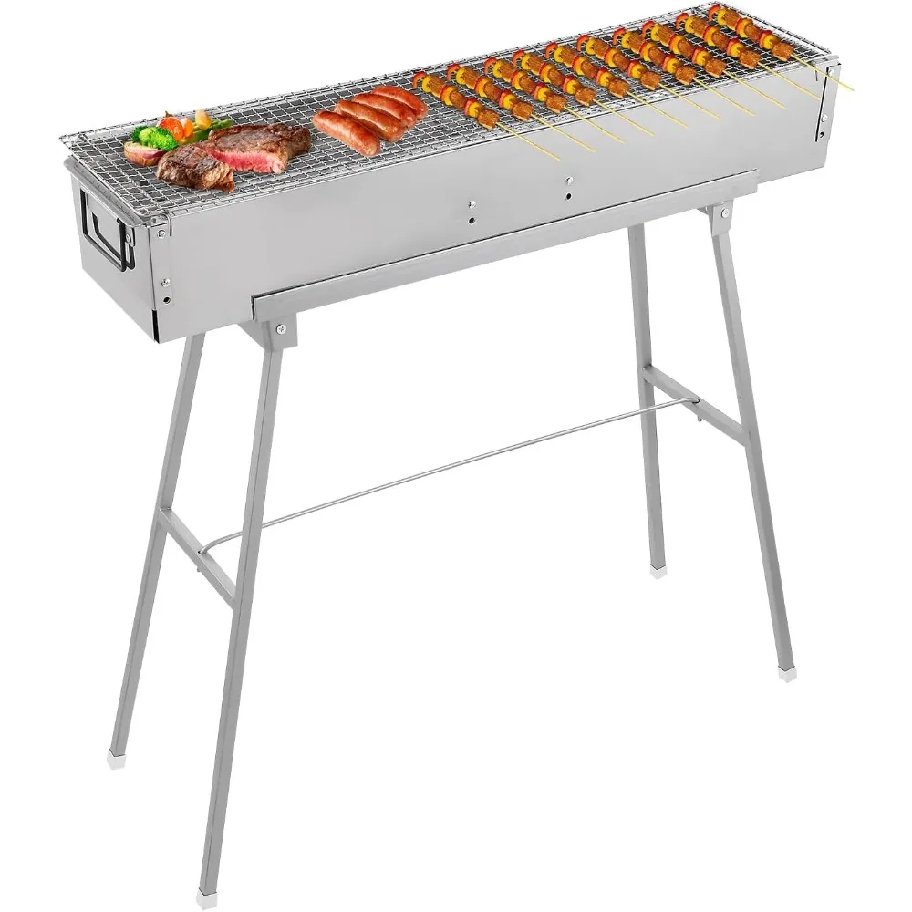 Camp Grill Portable Folding - ポータブル炭火焼きグリル、32インチ×8インチ ステンレス製 折りたたみ式 キャンプグリル ケバブ串 バーベキューグリルキット