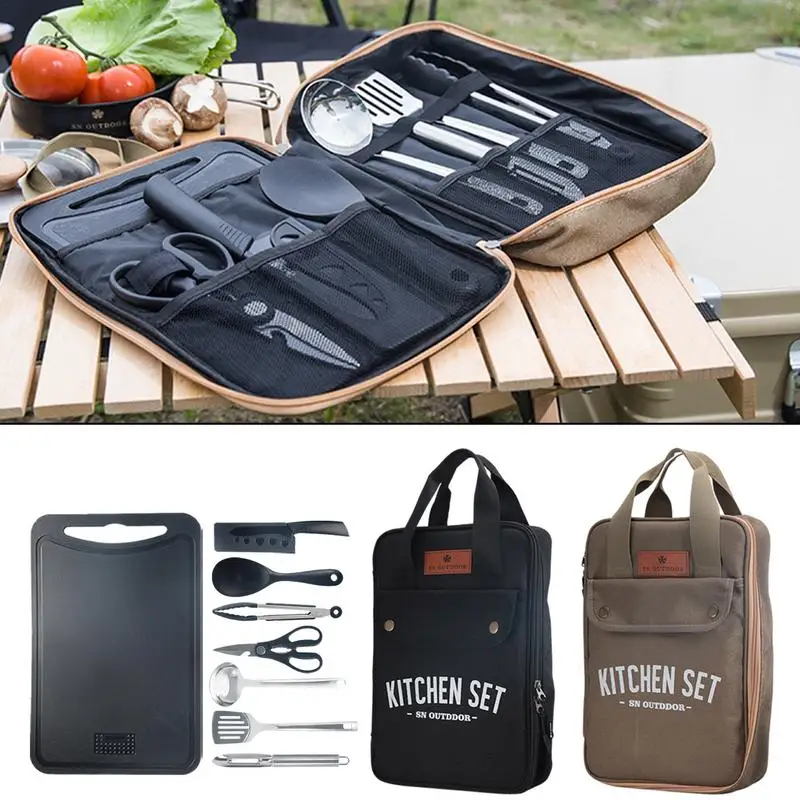 Camping Cooking Full Set - 8点セット キャンプキッチン調理器具セット ポータブル屋外旅行用具 ステンレス製調理・グリルセット バーベキューピクニック用