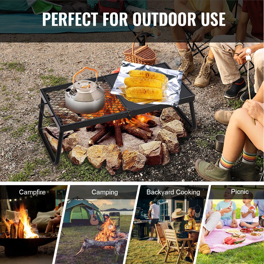 Camping Cooking Over Fire - 折りたたみ式キャンプファイヤーグリル ヘビーデューティースチールメッシュグレート 22.4インチ ポータブルキャンプグレート 焚き火台用 キャンプファイヤー調理器具付き
