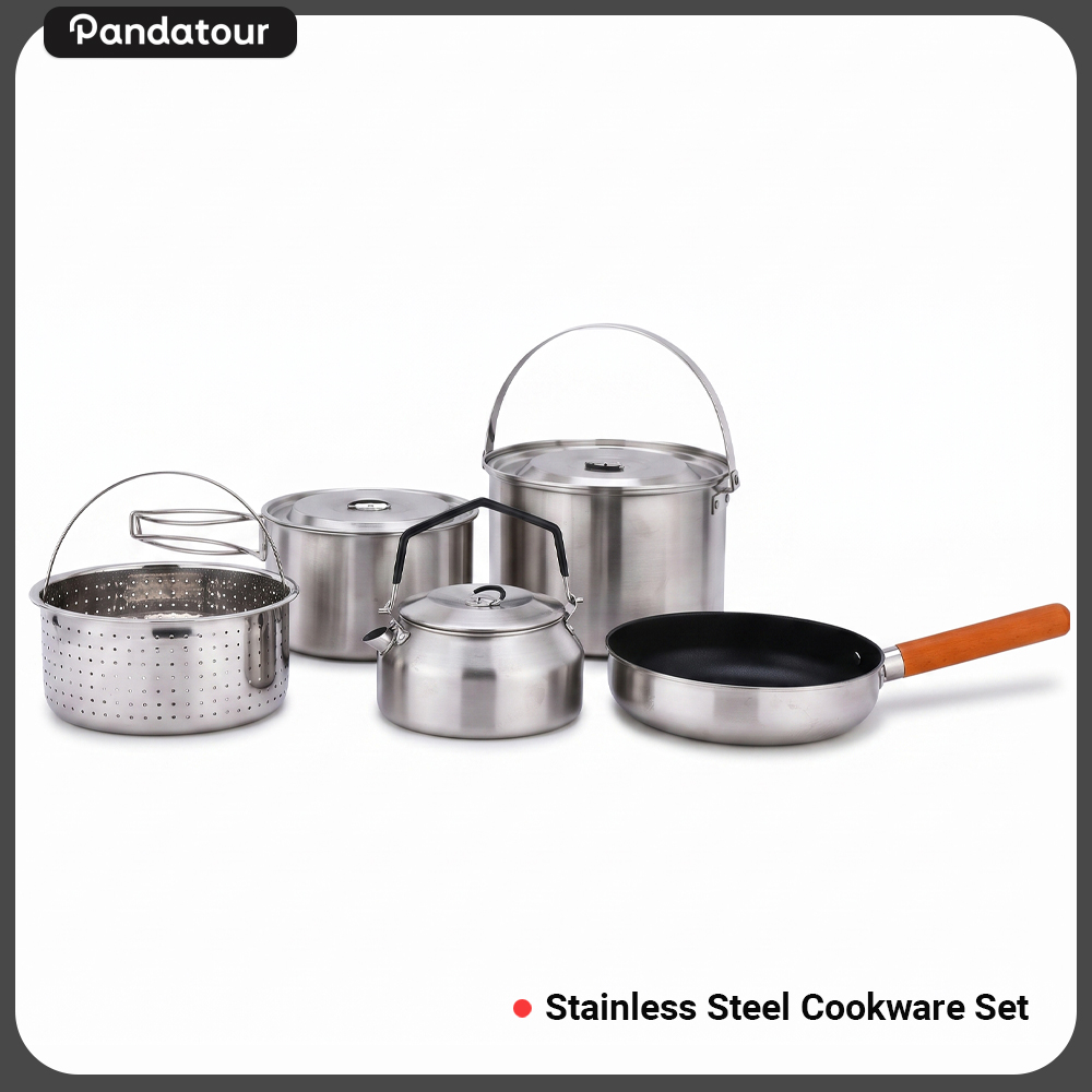Camping Cooking Appliances - Pandatour アウトドアキャンプ用5点ステンレス製調理器具セット 折りたたみ式ポータブル スープポット、ストレーナーバスケット、ケトル、フライパン付き