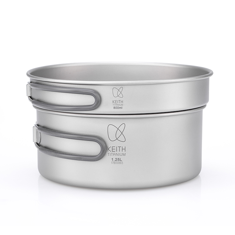 Mess Kit Titanium - KEITH 純チタン製2ピース調理器具セット（800ml+1250ml）、超軽量ポット＆パン、メッシュバッグ付き、キャンプ、バックパッキング、ハイキング用