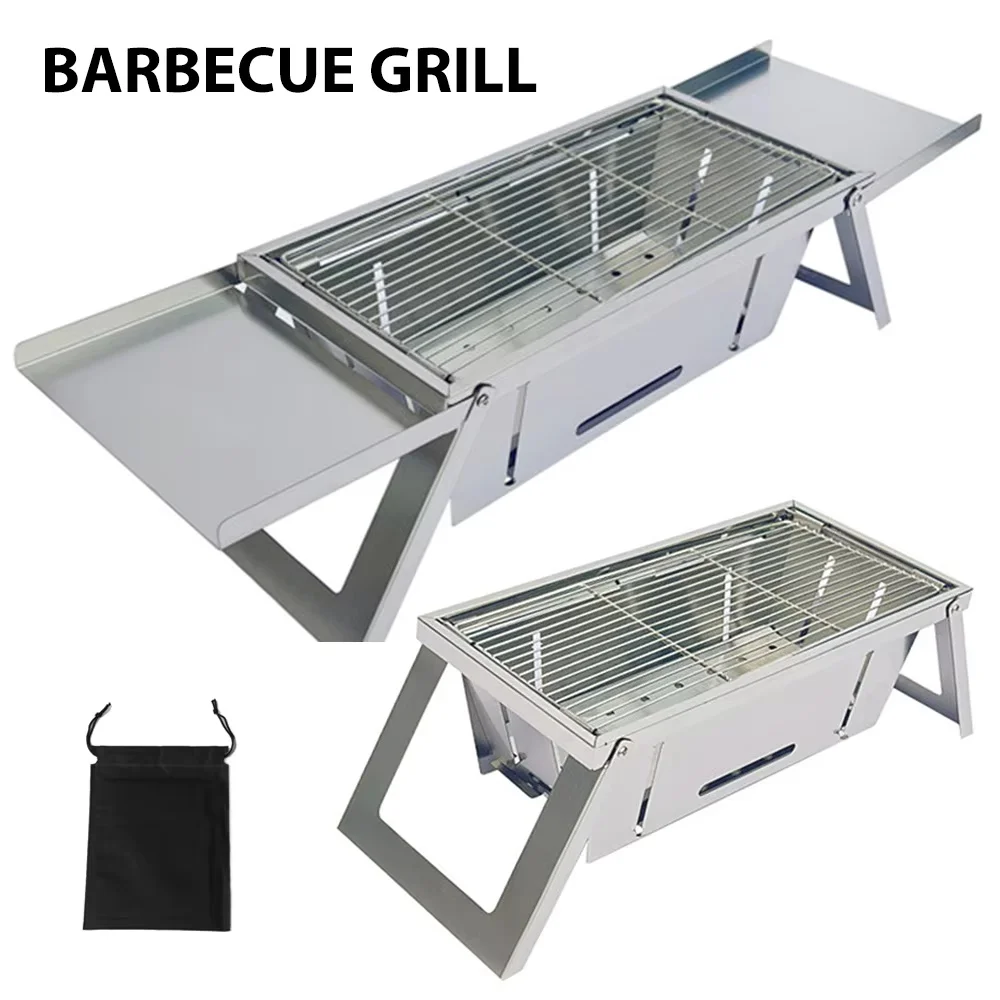 Camping Cooking Set Compact - ステンレス製ポータブルBBQグリル屋外折りたたみ式炭火コンロコンパクトキャンプピクニックグリル串ラック旅行バーベキューセット