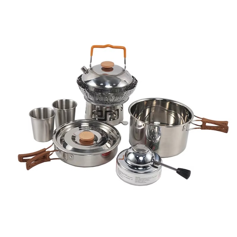 Quality Camping Cooking Set - 高品質ポータブル屋外キャンプ用調理器具セット、金属製ハンドル付きカトラリーとピクニックカトラリー、鍋、調理用カップ付き