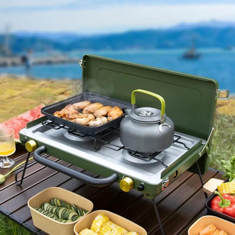 Camping Double Cooking Stove - ポータブルダブルバーナー折りたたみ式キャンプストーブ、アウトドア料理用小型ガスコンロ