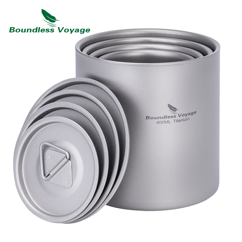 Mess Kit Titanium - 無限の航海-ふた付きチタン二重壁カップ、積み重ね可能な金属製ティーコーヒー飲用マグ、屋外ポータブルドリンクウェア