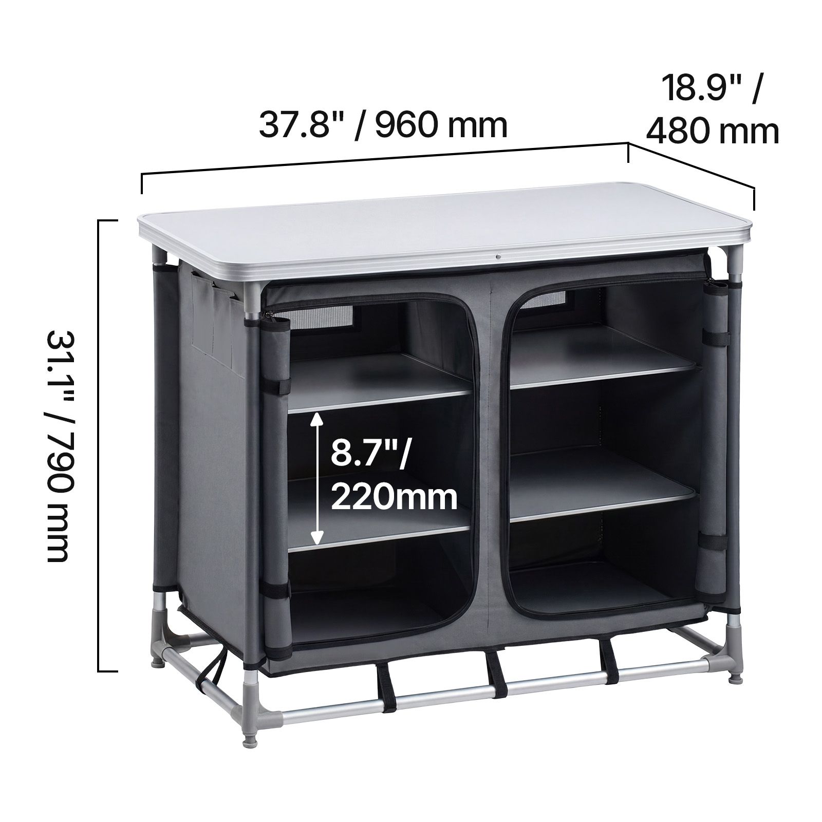 Camping Cooking Set Compact - キャンプ用収納キャビネット、屋外用ポータブルアルミ製軽量テーブル、クイックセットアップコンパクトキッチン調理台、6段の棚とキャリーバッグ付き、ピクニック、バーベキュー、パーティー、キャンプ、RV旅行に最適