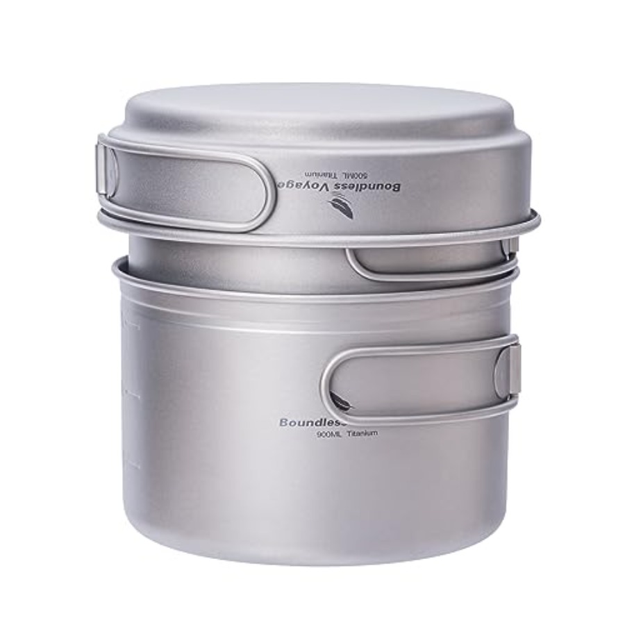 Mess Kit Titanium - 折りたたみハンドル付きチタン製ポットパンセット - 超軽量ポータブルアウトドア調理器具セット キャンプ、ピクニック、旅行バックパッキング用