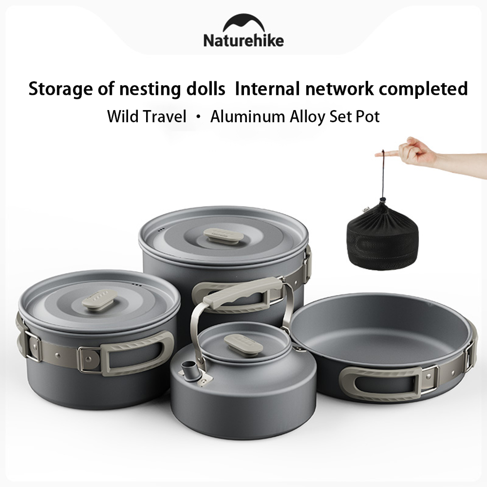 Camping Cooking Set Compact - Naturehike アウトドアポットセット、キャンプ調理器具、ポータブルステンレス鋼フライパンハンギングポット、ハイキングピクニック食器