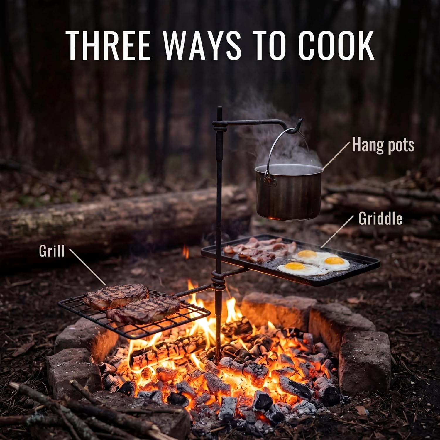 スイベルグリルセット、ブッシュクラフトスチール製キャンプファ - Camping Cooking Over Fire のレビューと価格