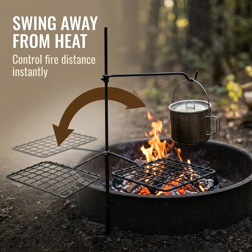 スイベルグリルセット、ブッシュクラフトスチール製キャンプファ - Camping Cooking Over Fire のレビューと価格