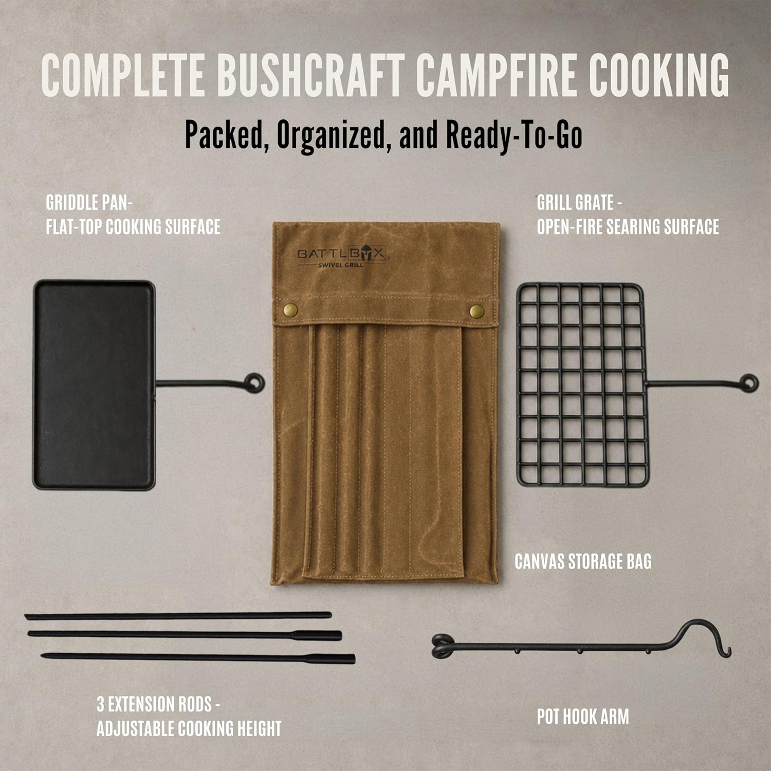 スイベルグリルセット、ブッシュクラフトスチール製キャンプファ - Camping Cooking Over Fire のレビューと価格