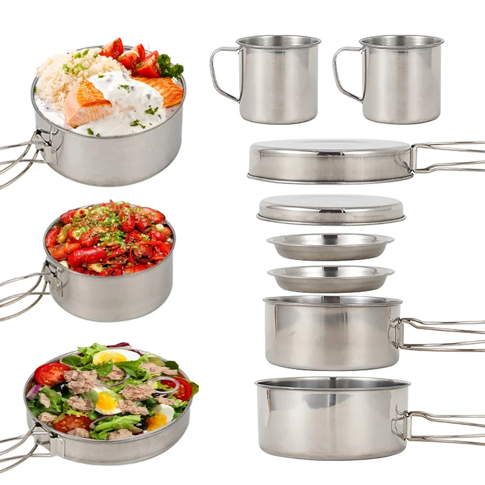 8個/セット キャンプ調理器具セット ステンレス製鍋とフライ - Camping Cooking Full Set のレビューと価格