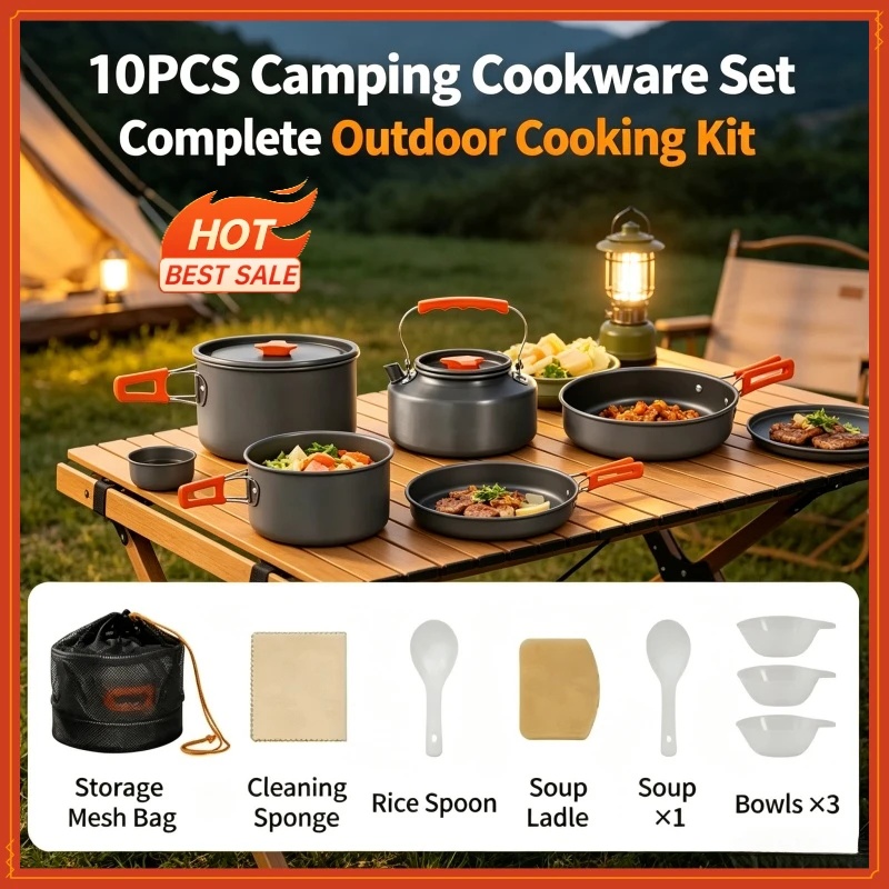 超軽量アルミ製キャンプ調理器具セット10点セット、ポットとケ - Camping Cooking Full Set のレビューと価格