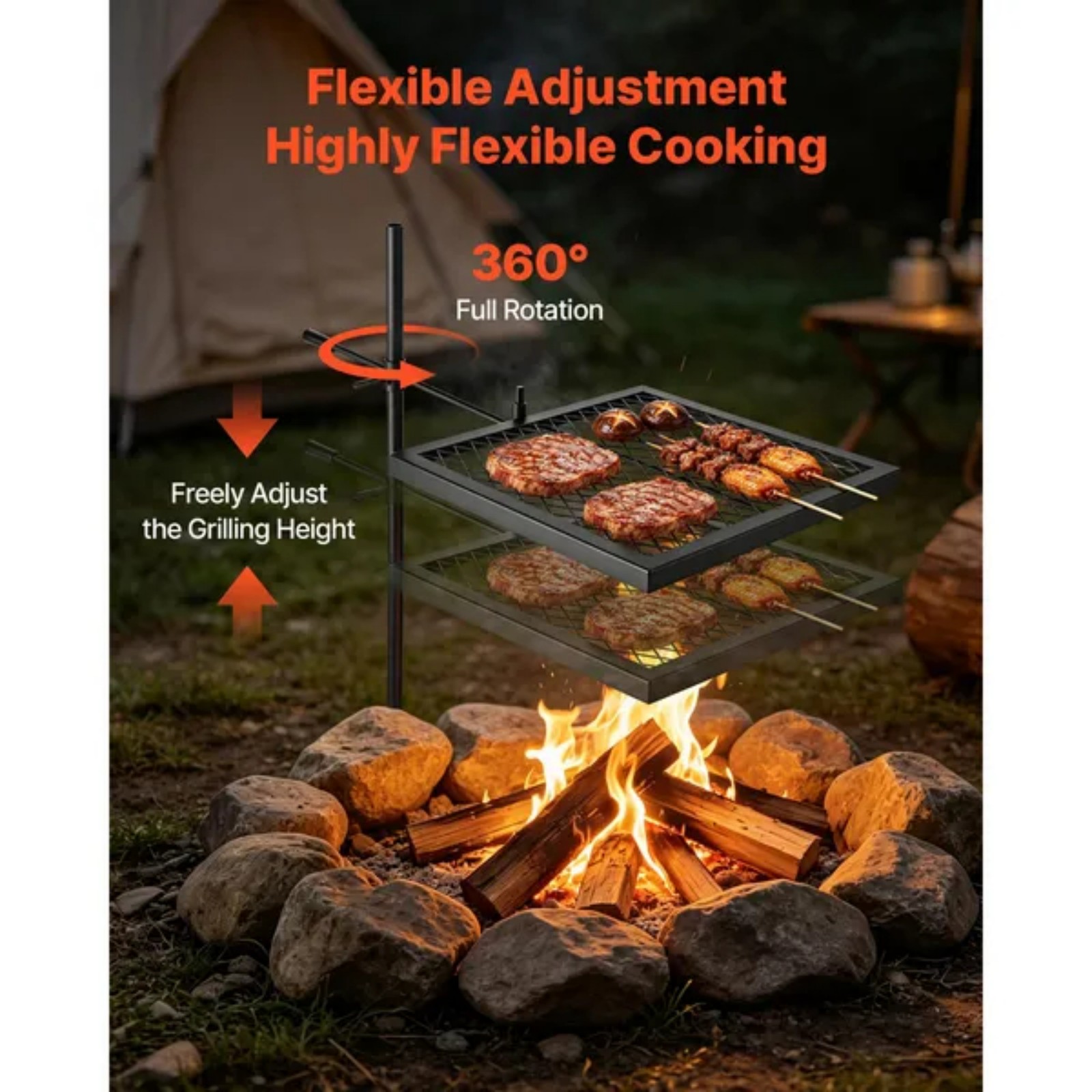 頑丈な回転式キャンプファイヤーグリル、16インチポータブルキ - Camping Cooking Over Fire のレビューと価格