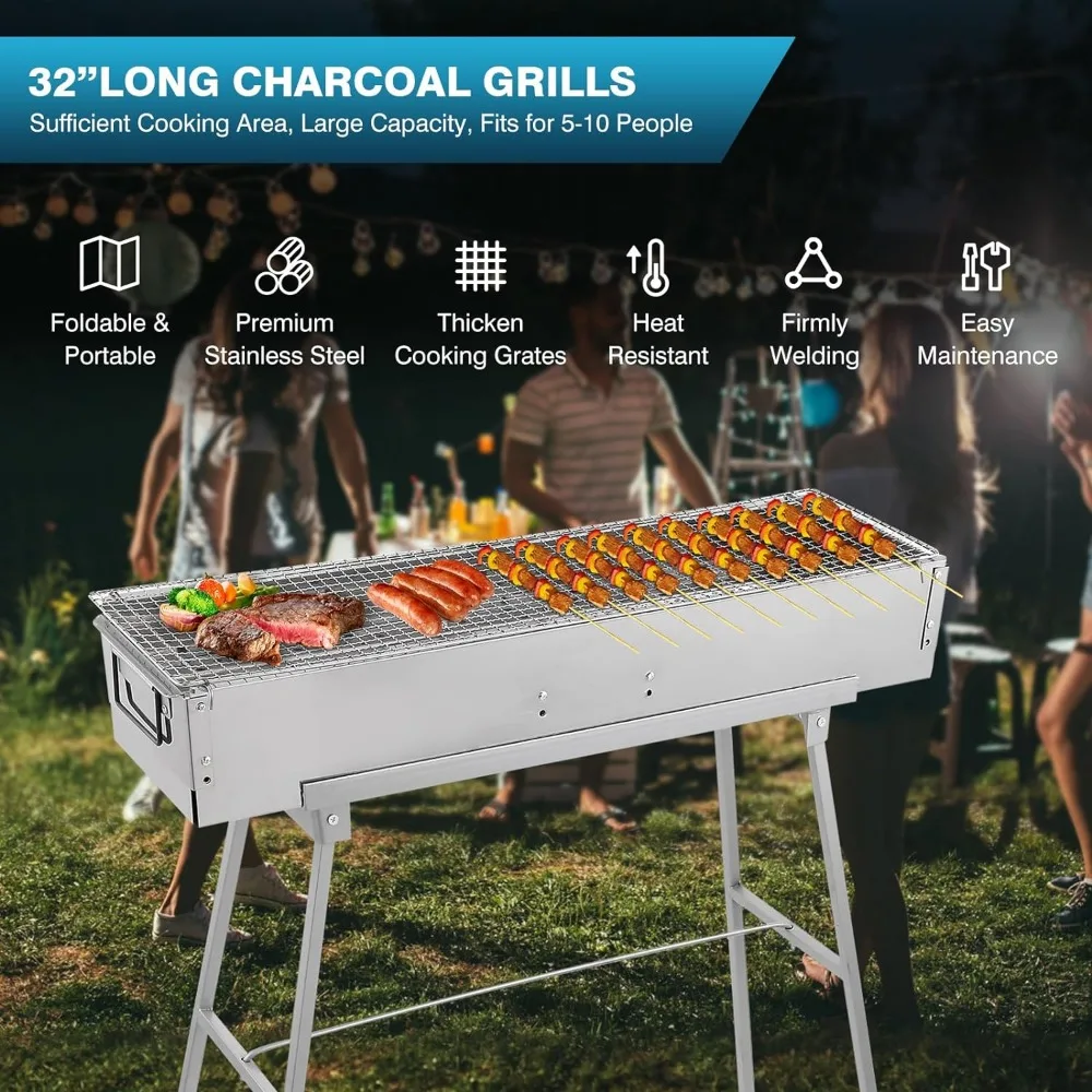 ポータブル炭火焼きグリル、32インチ×8インチ ステンレス製 - Camp Grill Portable Folding のレビューと価格