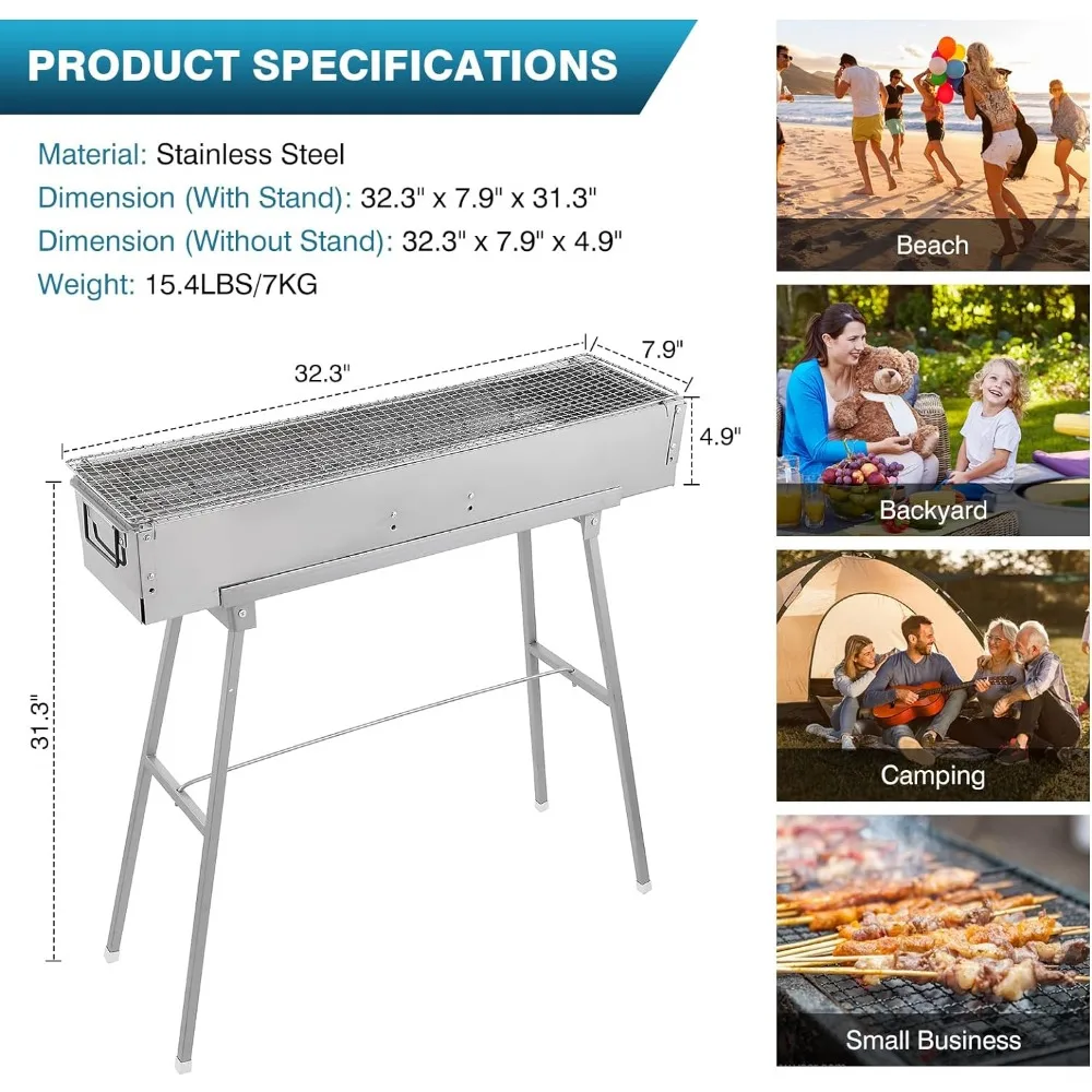 ポータブル炭火焼きグリル、32インチ×8インチ ステンレス製 - Camp Grill Portable Folding のレビューと価格