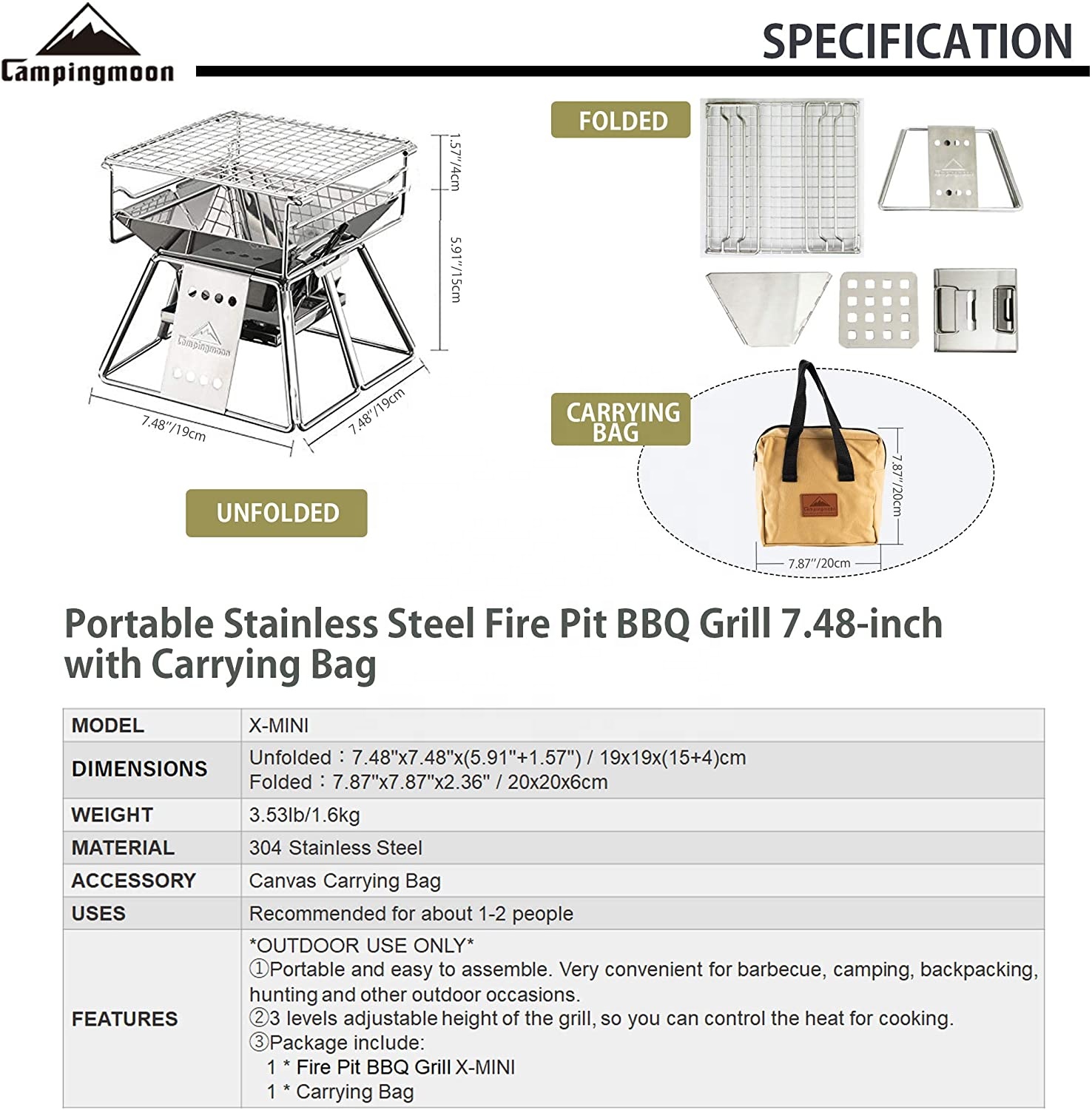 キャンプムーン-垂直調整可能なステンレス鋼バーベキューグリル - Charcoal Chimney Starter のレビューと価格